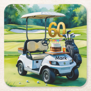Golf 60th birthday with golf cart on green  square paper coaster