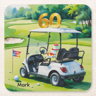 Golf 60th birthday with golf cart on green  square paper coaster