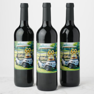 Golf 60th Birthday with golf cart on green Wine Label