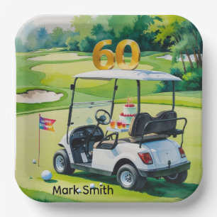 Golf 60th Birthday with Golf Cart on putting Green Paper Plate