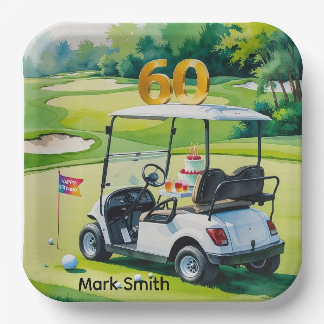 Golf 60th Birthday with Golf Cart on putting Green Paper Plate (Front)