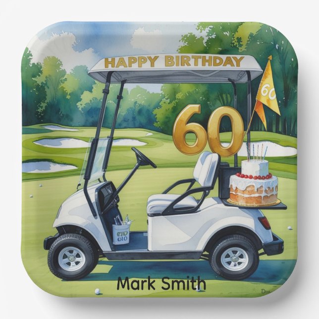 Golf 60th Birthday with Golf Cart on putting Green Paper Plate (Front)
