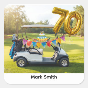 Golf 70th Birthday with golf cart on green Square Sticker