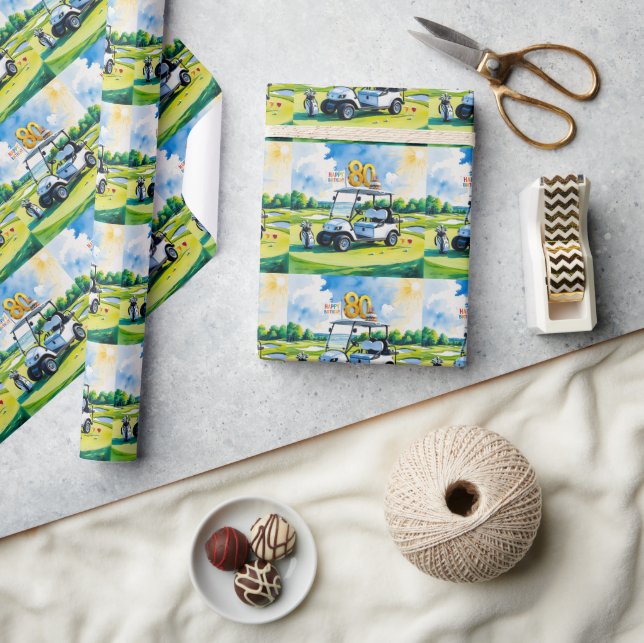 Golf 80th Birthday with golf cart on green Wrapping Paper (Crafts)