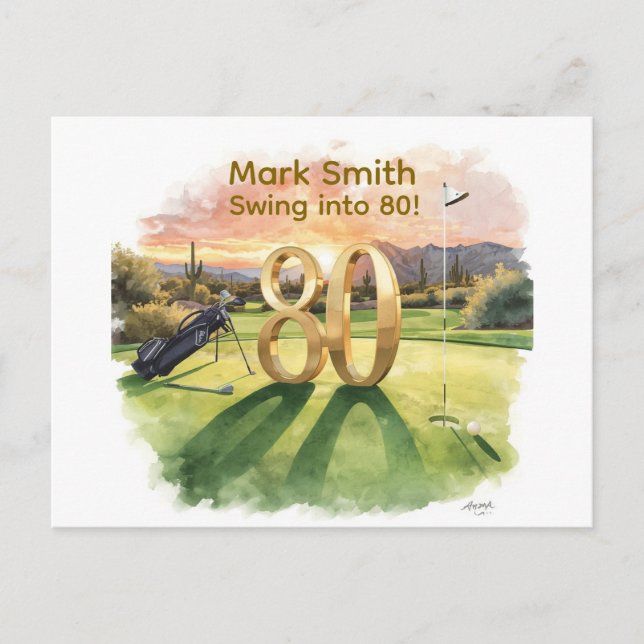 Golf 80th Birthday with Golf Cart on Putting Green Postcard (Front)