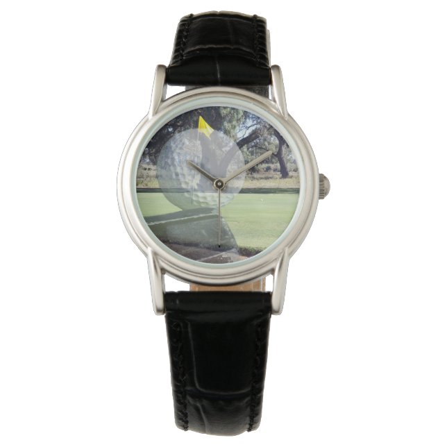 Golf Addiction, Ladies Black Leather Watch. Watch (Front)