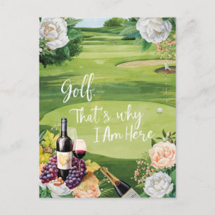 Golf and wine for golfer on golf course postcard