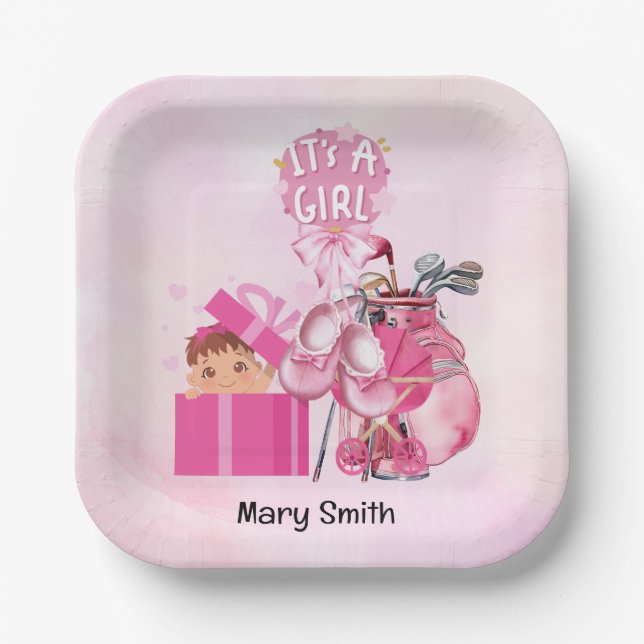 Golf Baby Girl baby Shower in Pink theme Paper Plate (Front)
