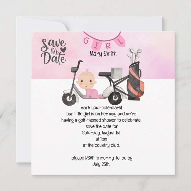 Golf Baby Girl  Baby Shower on pink save the date (Front)