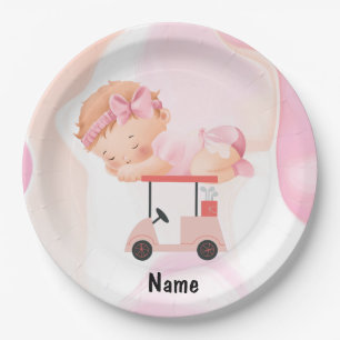 Golf Baby Girl on Golf cart with golf bag Pink  Paper Plate
