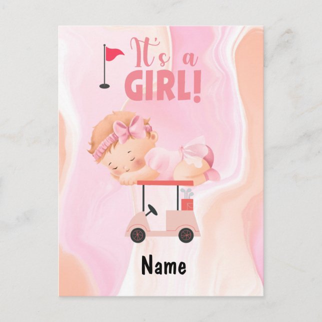 Golf Baby Girl on Golf cart with golf bag Pink   Postcard (Front)