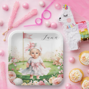 Golf Baby Girl on Putting green with Name Paper Plate