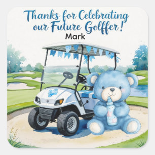 Golf Baby Shower Boy with Teddy Bear Golf Cart Square Sticker