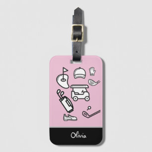Golf bag cart cap flag tee on pink pastel lady luggage tag