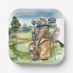 Golf bag on golf course paper plate