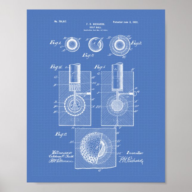 Golf Ball 1902 Patent Art - Blueprint Poster (Front)