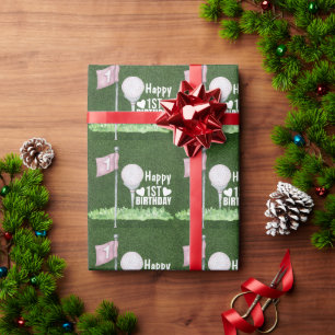 Golf ball 1st Birthday with ball and flag on green Wrapping Paper