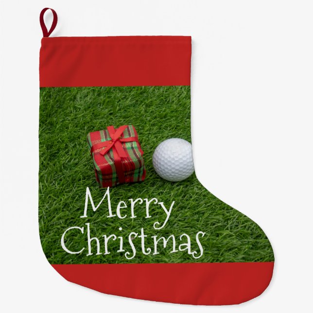 Golf ball and Christmas Present on green grass Large Christmas Stocking (Front)