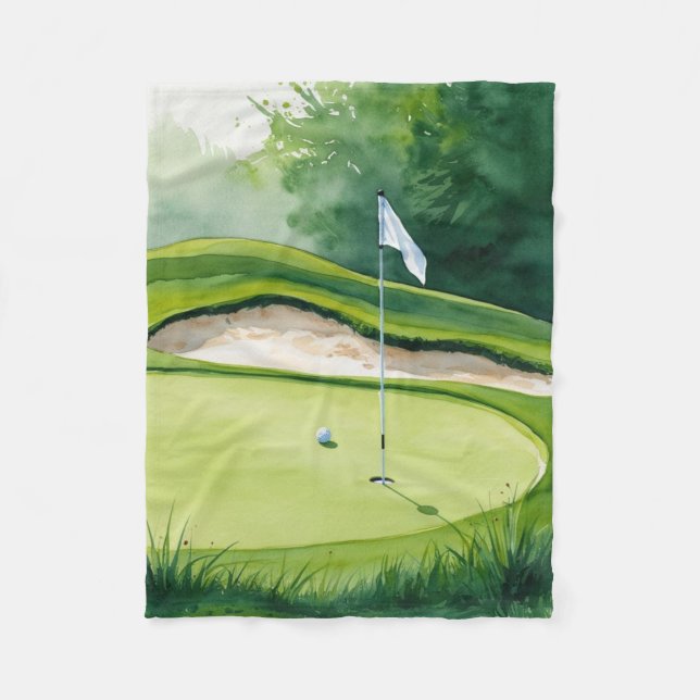 Golf ball and Flag on Putting Green Fleece Blanket (Front)