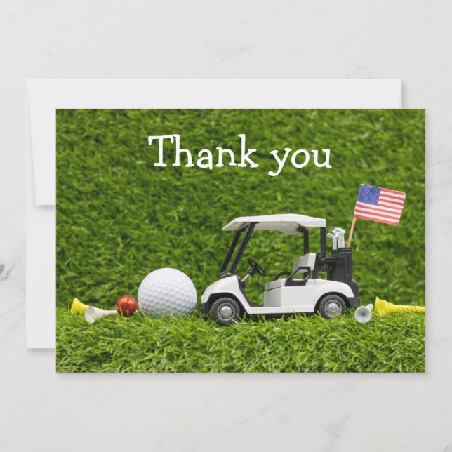 Golf ball and golf cart with flag of America Thank You Card (Front)
