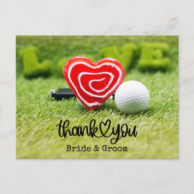 Golf ball and Red heart with love on Wedding Postcard (Front)