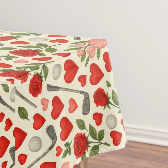 Golf ball and red rose red heart golf lover golfer tablecloth (In Situ)