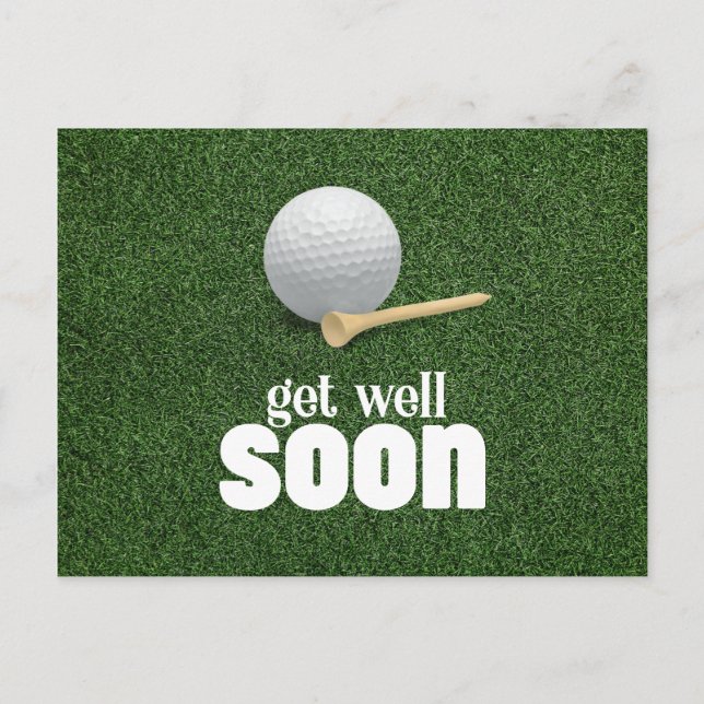 Golf ball and tee Get well soon on green grass Postcard (Front)