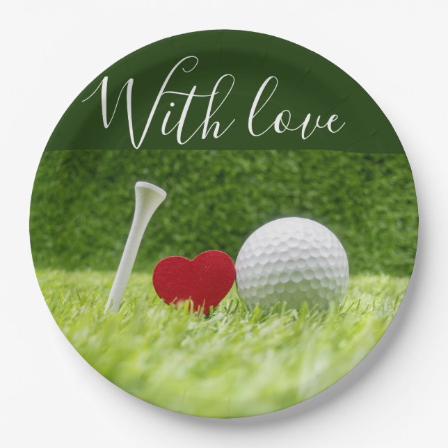Golf ball and tee on green grass with love paper plate (Front)