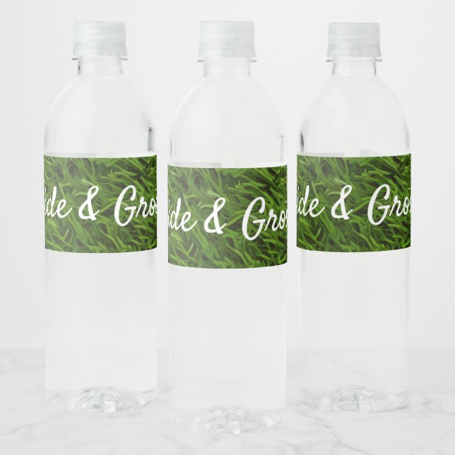 Golf ball and tee on green grass with love wedding water bottle label (Bottles)