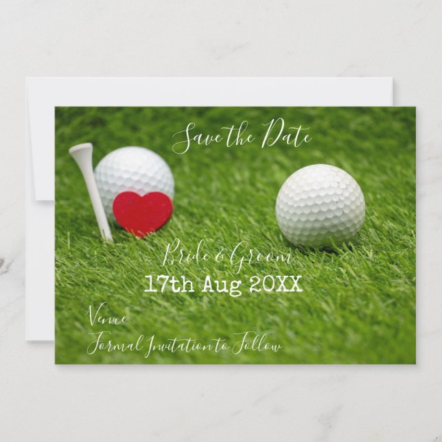 Golf ball and tee Save the Date with love on green Invitation (Front)