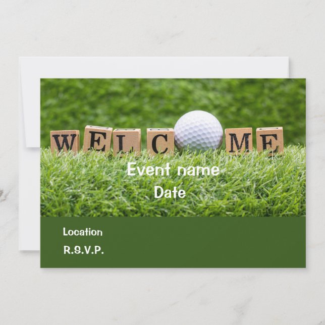 Golf ball and tee Welcome party invitation card (Front)