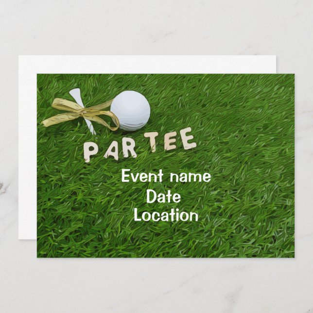 Golf ball and tee with golden ribbon Par Tee Invitation (Front/Back)