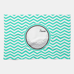 Golf Ball; Aqua Green Chevron Tea Towel