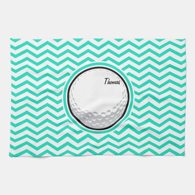 Golf Ball; Aqua Green Chevron Tea Towel (Horizontal)