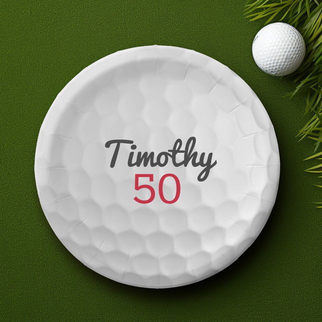 Golf Ball Birthday Party - 50th or Other Year Paper Plate (Golf Theme Birthday Party Plate - Customize with Name Personalize with birthday party information)