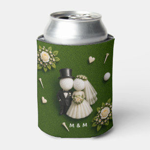 Golf ball bride and groom wedding on green grass can cooler