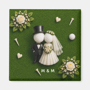 Golf ball bride and groom wedding on green grass magnet