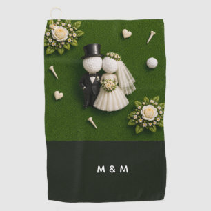 Golf ball bride and groom wedding on green grass towel