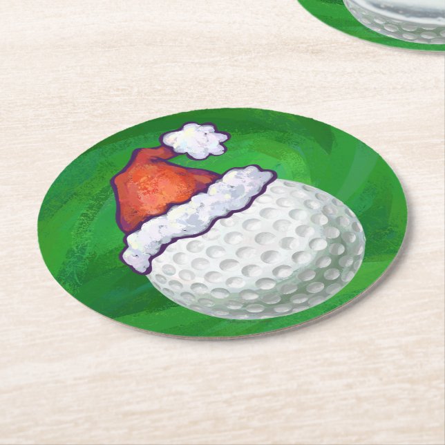 Golf Ball Christmas Hat on Green Round Paper Coaster (Angled)