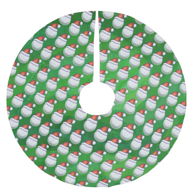 Golf Ball Christmas Hats on Green Brushed Polyester Tree Skirt (Front)
