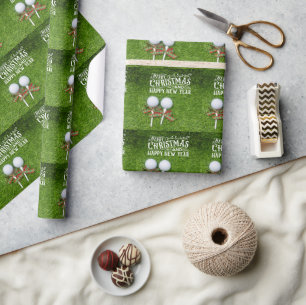 Golf ball Christmas tee with ribbon  hat on green Wrapping Paper