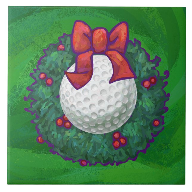 Golf Ball Christmas Wreath on Green Ceramic Tile (Front)