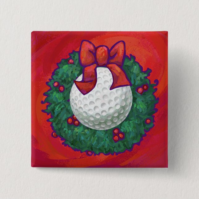 Golf Ball Christmas Wreath on Red 15 Cm Square Badge (Front)