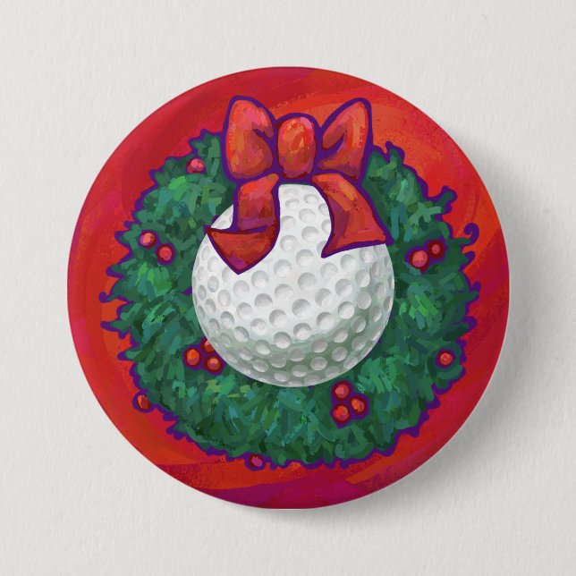 Golf Ball Christmas Wreath on Red 7.5 Cm Round Badge (Front)