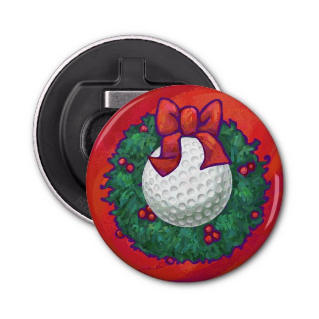 Golf Ball Christmas Wreath on Red Bottle Opener (Front)