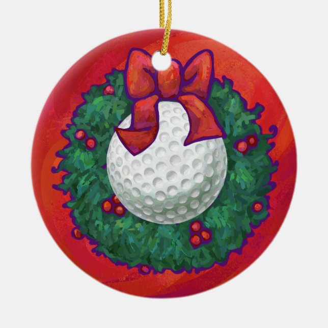 Golf Ball Christmas Wreath on Red Ceramic Tree Decoration (Front)