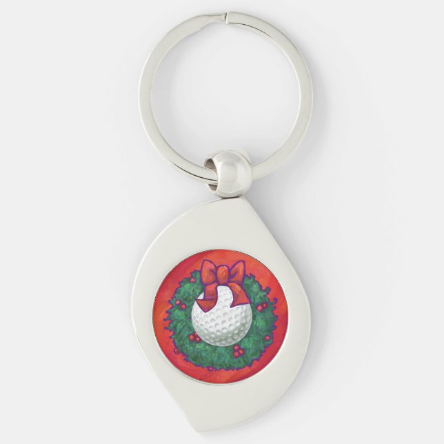 Golf Ball Christmas Wreath on Red Key Ring (Front)