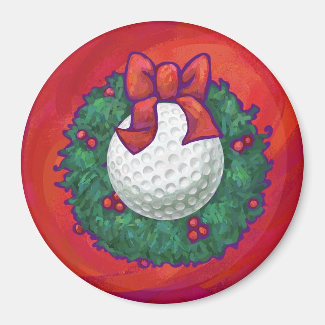 Golf Ball Christmas Wreath on Red Magnet (Front)