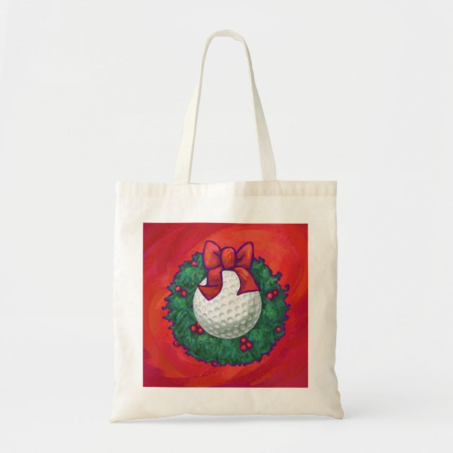 Golf Ball Christmas Wreath on Red Tote Bag (Front)