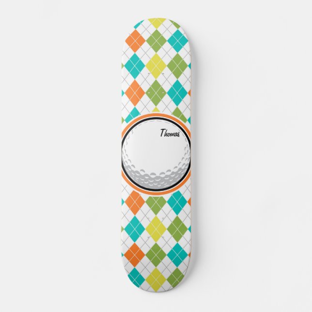 Golf Ball; Colourful Argyle Pattern Skateboard (Front)